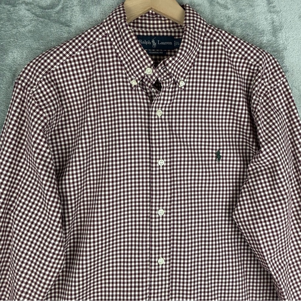 Ralph‎ Lauren Shirt Mens Large Classic Fit Burgundy Gingham Button Down - Picture 5 of 12